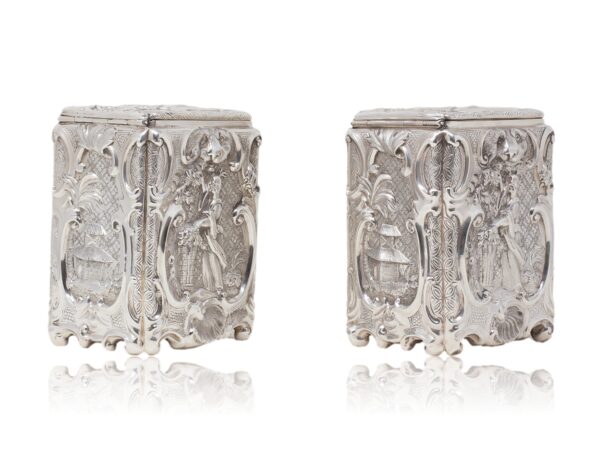 Side Overview of the Victorian Sterling silver tea caddies by Joseph Angell I & Joseph Angell II.