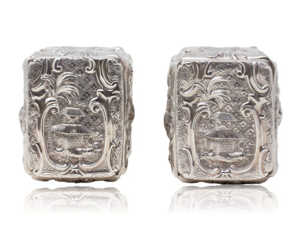 Top of the Victorian Sterling silver tea caddies by Joseph Angell I & Joseph Angell II.