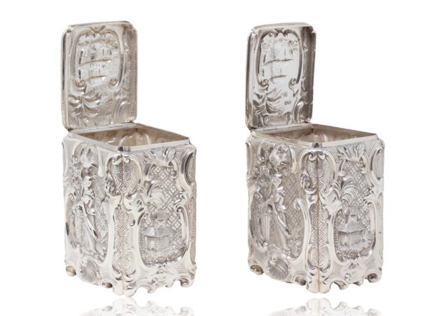 Overview of the Victorian Sterling silver tea caddies by Joseph Angell I & Joseph Angell II with the lids up