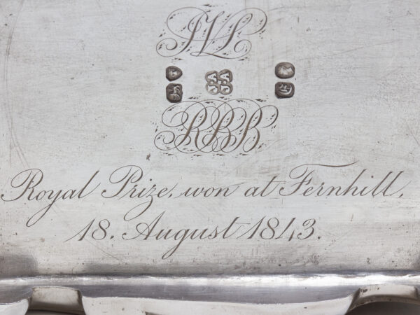 Close up of the engraved Royal Prize won at Fernhill 18 August 1843 text