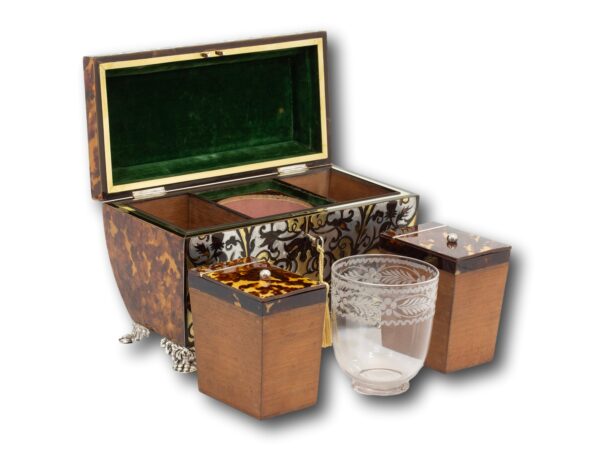 Overview of the Regency Tortoiseshell Tea Chest with the lid up and all components removed