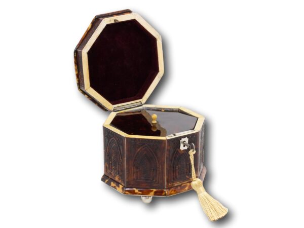 Overview of the regency octagonal tortoiseshell tea caddy with the lid up