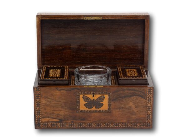 Overview of the Victorian Tunbridge Ware Tea Chest with the lid up