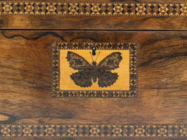 Close up of the butterfly decoration to the front of the Tunbridge Ware Tea Chest