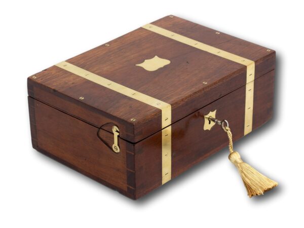 Front Overview of the Antique Brass Bound Jewellery Box with the key fitted