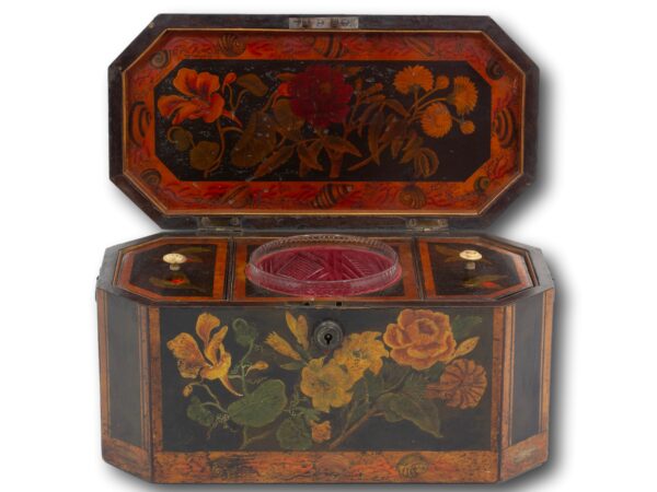 Overview of the painted tea caddy with the lid open