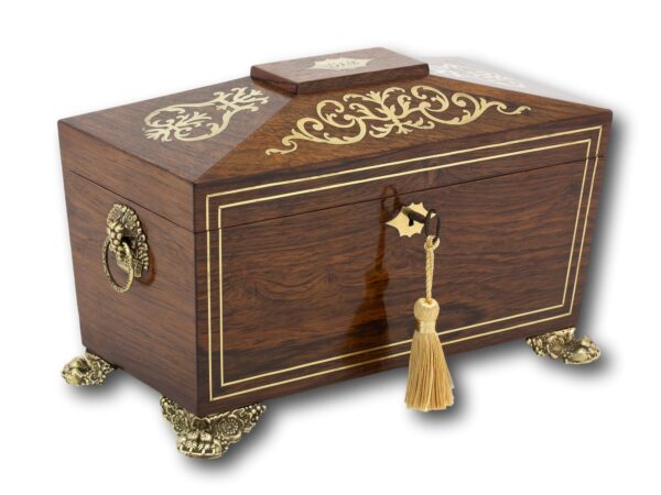 Front overview of the Rosewood Tea Caddy with the key inserted