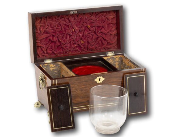 Overview of the Rosewood Tea Caddy with the lid up and compartments removed
