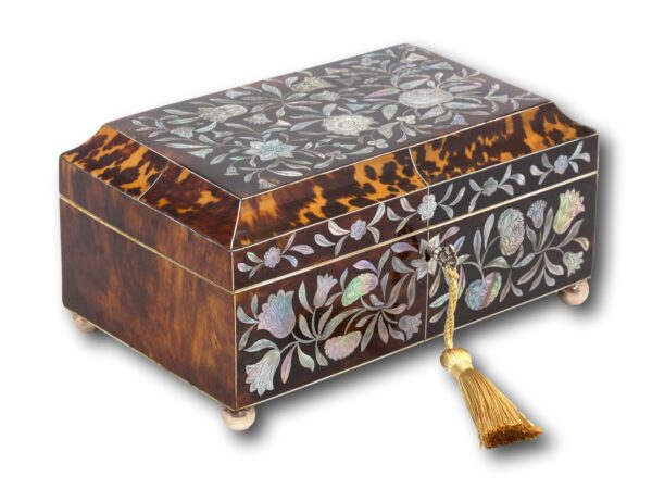 Overview of the Regency Tortoiseshell and Mother of Pearl Jewellery Box with the key fitted