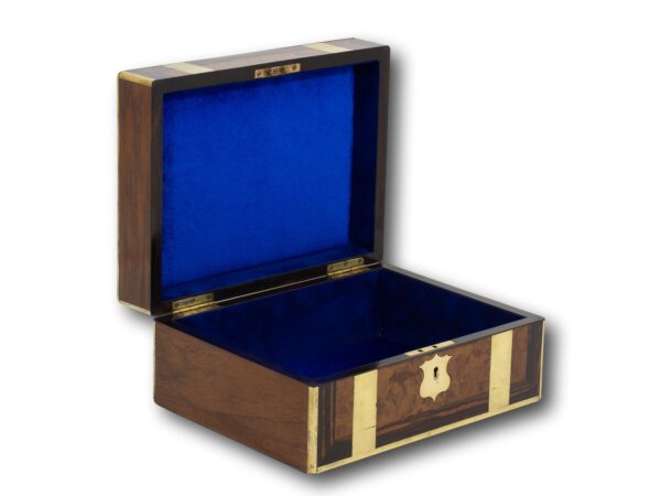 Front overview of the Antique Victorian Walnut & Coromandel Jewellery Box with the lid up