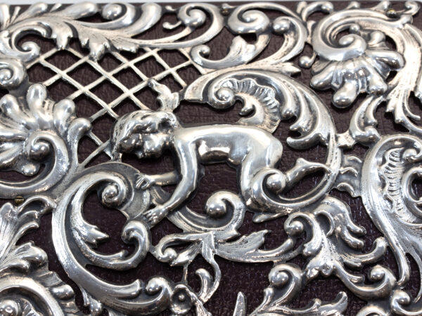 Close up of the silver work on the front of the Stationery Box