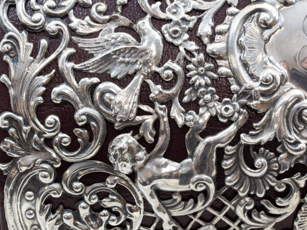 Close up of the silver work on the front of the Stationery Box