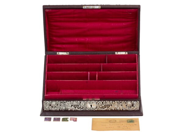 Front overview of the Black Starr & Frost Stationery Box with the lid lifted with the stamps and letter removed