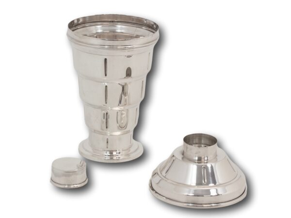 Overview of the stepped art deco cocktail shaker with the lid and strainer removed