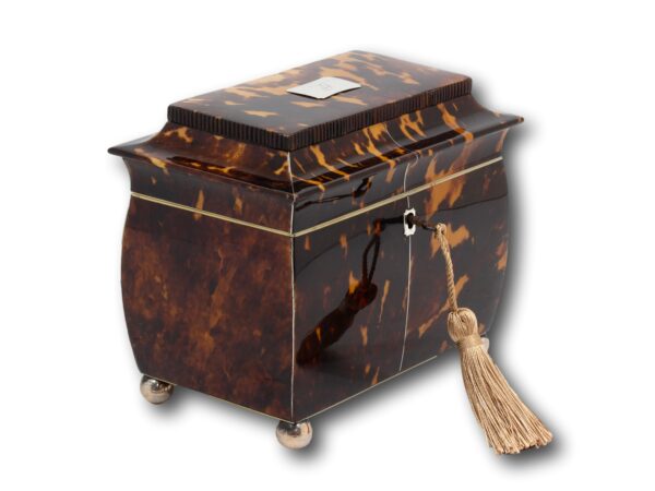 Front overview of the Regency Tortoiseshell Tea Caddy with the key fitted