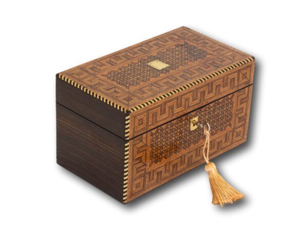 Front overview of the Geometric Tea Caddy with the key fitted