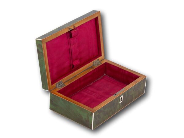 Front overview of the Green Tortoiseshell Work Box with the lid up