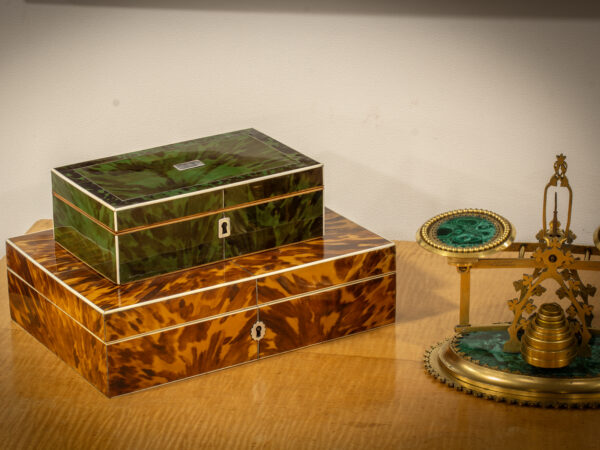 Overview of the Green Tortoiseshell workbox in a decorative collector setting