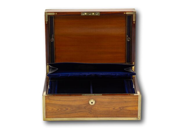 Front overview of the Antique Kingwood Jewellery Box by Lund with the lid up and document storage open
