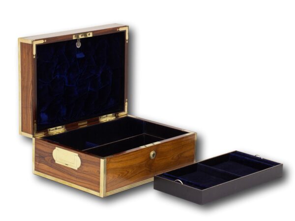 Front overview of the Antique Kingwood Jewellery Box by Lund with the lid up and jewellery tray removed