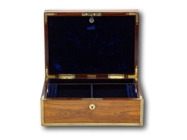 Front overview of the Antique Kingwood Jewellery Box by Lund with the lid up