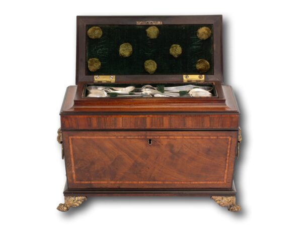 Front overview of the Regency Tea Chest showing the secret compartment spoon section