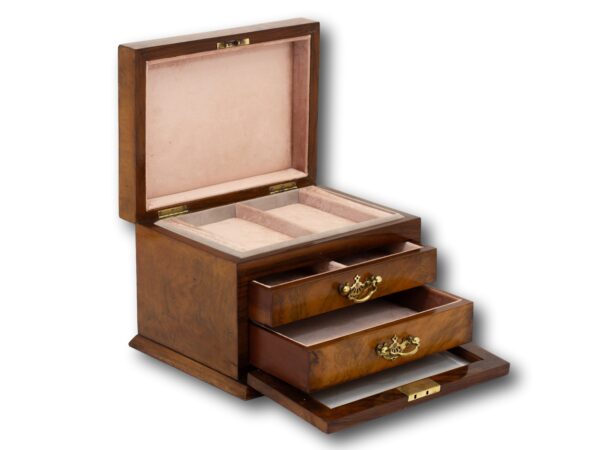 Front of the Victorian Walnut Jewellery Box with the lid up, front dropped down and draws open