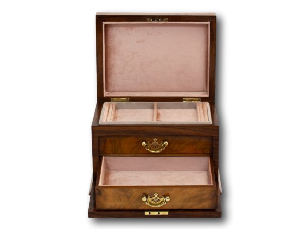 Front of the Victorian Walnut Jewellery Box with the lid up, front dropped down and draws open