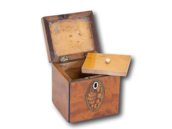 Front overview of the Miniature Satinwood Tea Caddy with the lid up