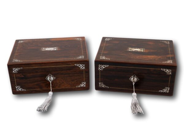 Front overview of the Mirror pair of Mahogany Sewing Boxes with the keys fitted