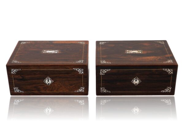 Front overview of the Mirror pair of Mahogany Sewing Boxes