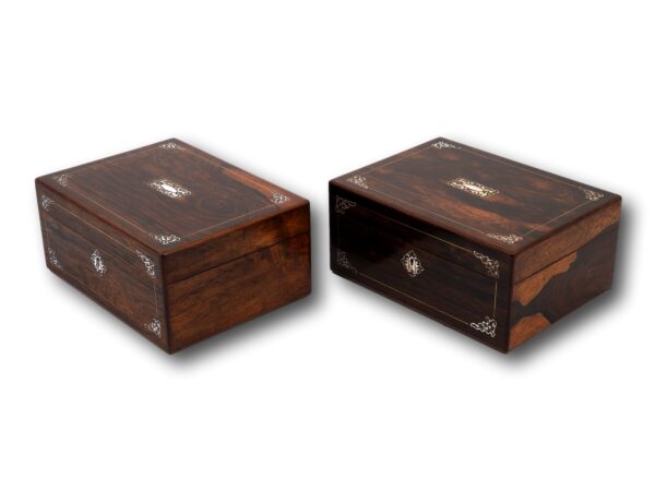 Front overview of the Mirror pair of Mahogany Sewing Boxes