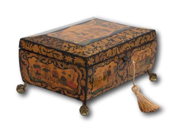 Front overview of the Regency Penwork Sewing Box with the key fitted