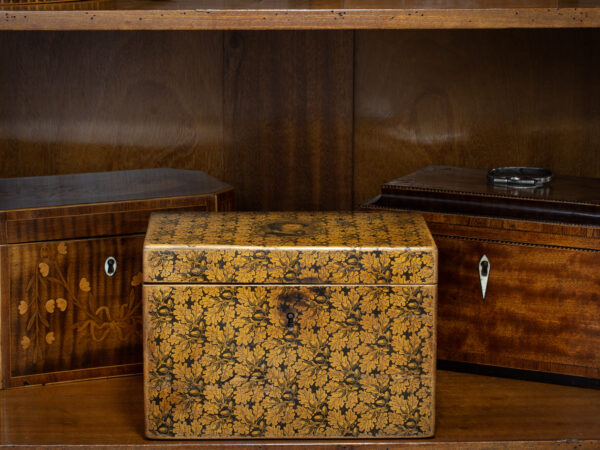 View of the Scottish Mauchline Ware Tea Caddy in a decorative setting