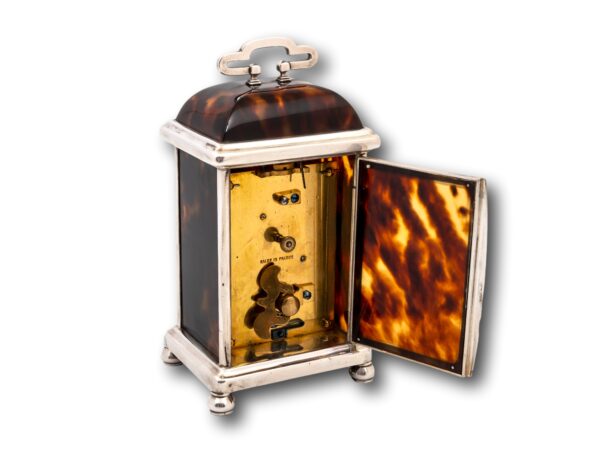 Rear overview of the Tortoiseshell & Silver Carriage Clock with the door open