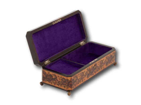 Front overview of the Tunbridge Ware Musical Jewellery Box with the lid up