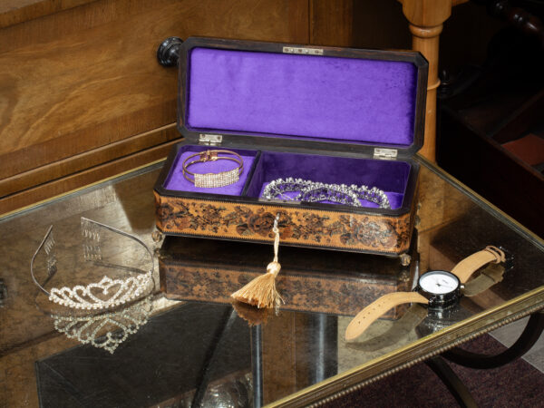 View of the Tunbridge Ware Musical Jewellery Box in a decorative setting