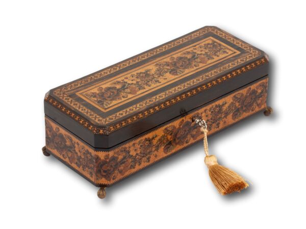 Front overview of the Tunbridge Ware Musical Jewellery Box with the key fitted