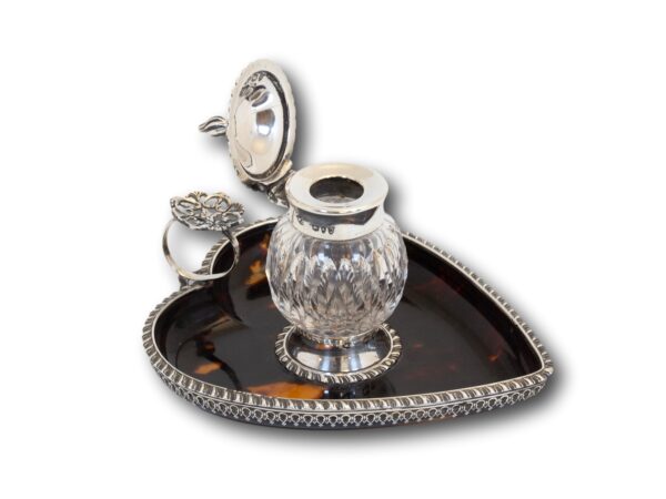 Front overview of the William Comyns Tortoiseshell and Silver inkwell