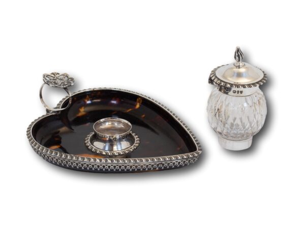 Front overview of the William Comyns Tortoiseshell and Silver inkwell with the inkwell removed