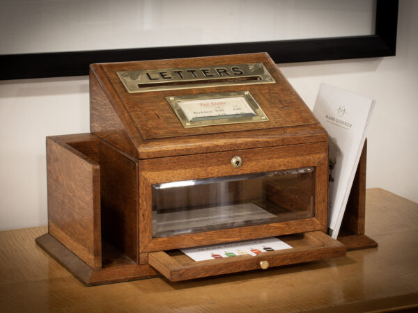 Overview of the Aspreys Oak Letter Telegram Box in a decorative setting