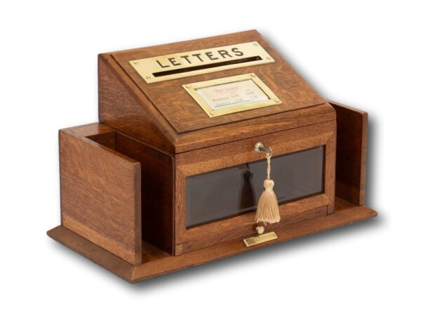 Front overview of the Aspreys Oak Letter Telegram Box with the key fitted