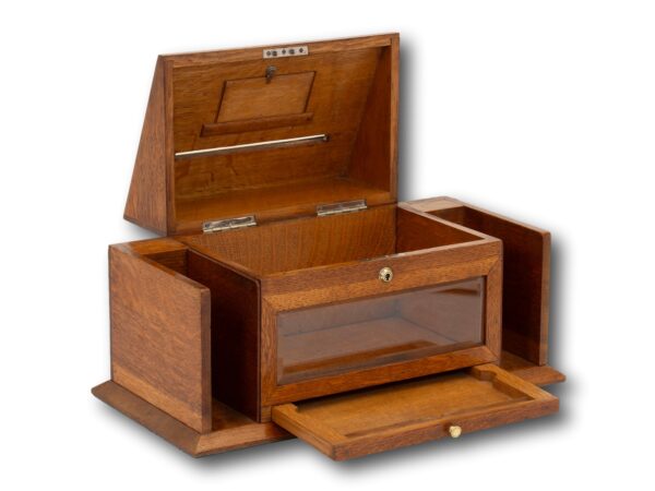 Front overview of the Aspreys Oak Letter Telegram Box with the lid open and the telegram drawer open