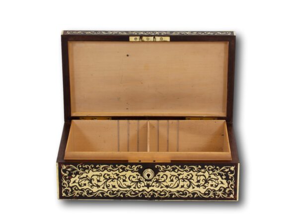 Front overview of the English Boulle Cigar Box with the lid up