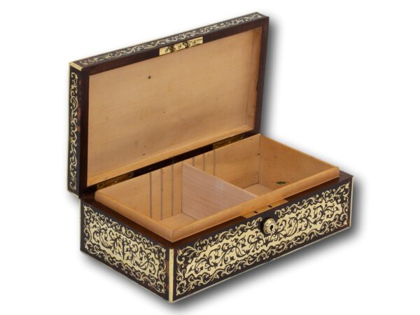 Front overview of the English Boulle Cigar Box with the lid up