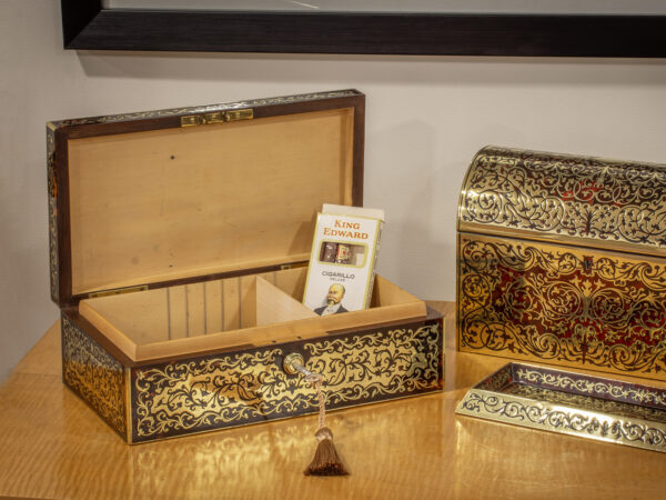 Overview of the English Boulle Cigar Box in a decorative setting