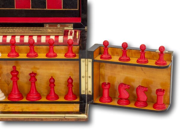 Close up of the red stained chess pieces