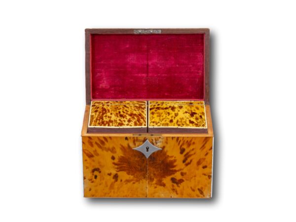 Front of the George III Blonde Tortoiseshell Tea Chest with the lid up