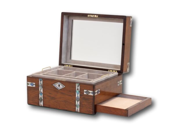 Front overview of the Rosewood and Mother of Pearl Jewellery Box with the lid up and side drawer open