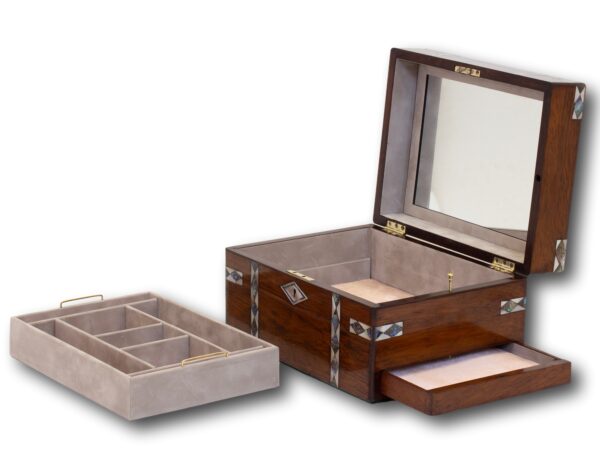 Front overview of the Rosewood and Mother of Pearl Jewellery Box with the lid up, tray removed and side drawer open
